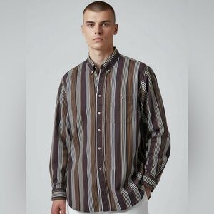 VTG 90s L striped mens Button Down shirt Trader Bay burgundy Gold White A-7